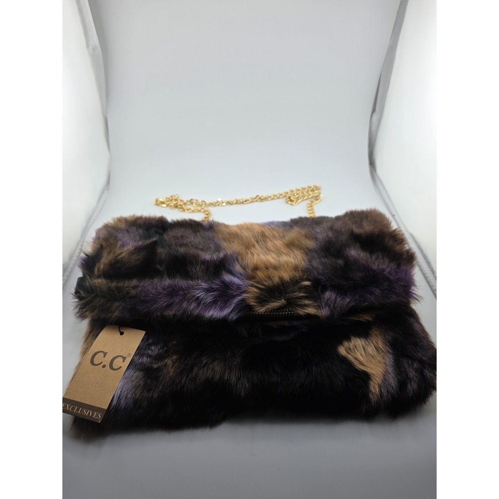 C.C Exclusives Faux Fur Clutch Crossbody Bag Purple Brown Black Chain Strap NWT